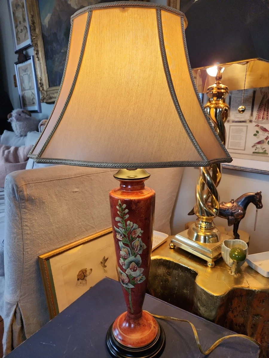 Vintage Oriental Accent Black RED Porcelain Table Lamp Floral Chinoiserie