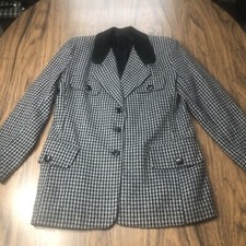 Vintage Houndstooth Wool Blazer Jacket Suede Collar Womens M 90s Made USA