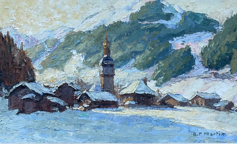 A.P MARTIN TABLEAU 1940 MONTAGNE PAYSAGE DE NEIGE CLOCHER SAVOIE MONT BLANC - Photo 4/4