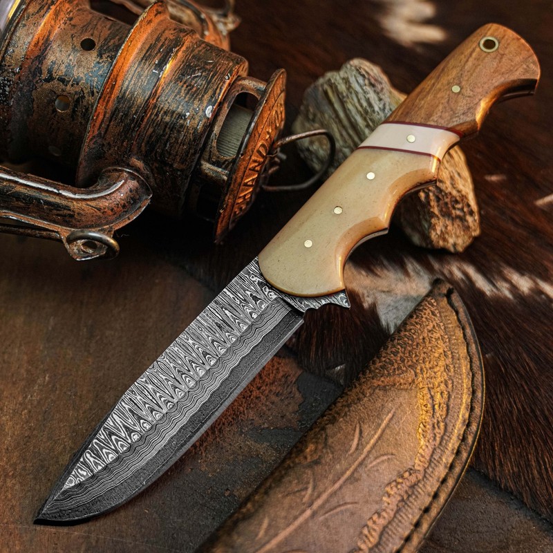 9.4" Damascus Bushcraft Knife Full Tang Hybrid Handle Survival Leather Sheath