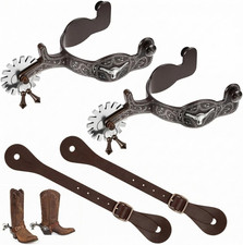 2 Pack Western Cowboy Spurs Paired with 2 Pcs 6 Holes Belt for Boot, English Hor