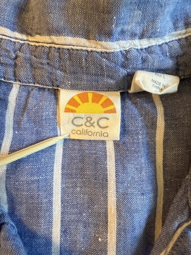 C&C California Women Button Up Shirt L Blue White 100% Linen Striped V-Neck - Picture 4 of 5