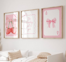 Preppy Bow Cherry Wall Art Set of 3 Pink Coquette Girl Bedroom Prints A5 A4 A3
