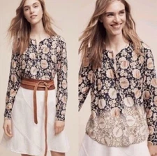 Anthropologie Maeve Ori Floral Ombre Button Down Top Women’s S Blue Boho *Flaw