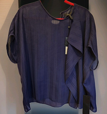 BCBG MaxAzria Womens Short Sleeve Riese Blouse Navy Blue Large NWT Chiffon Flow