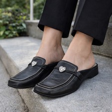 Vintage Brighton Jazz Y2K Black Leather Mule Loafers SilverHeart SquareToe 7.5M
