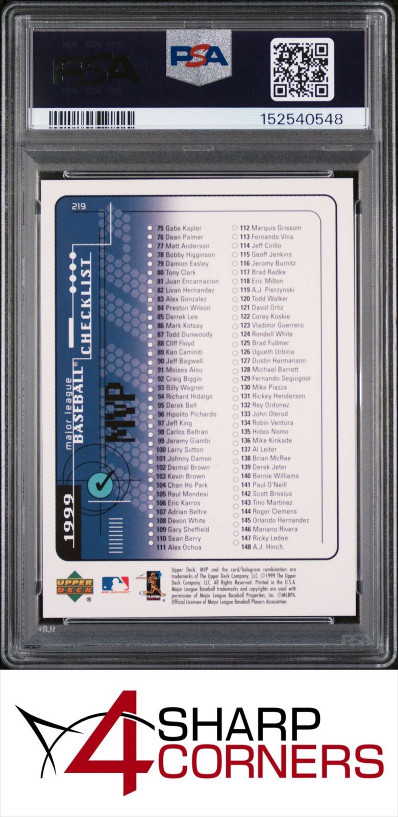 1999 UPPER DECK MVP #219 SAMMY SOSA CUBS CHECKLIST POP 2 PSA 10 view 2