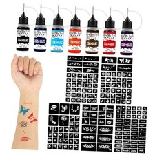Temporary Tattoo Kit Color Inks,183 Pcs Stencils Kit for Body Paint 7 Bottles