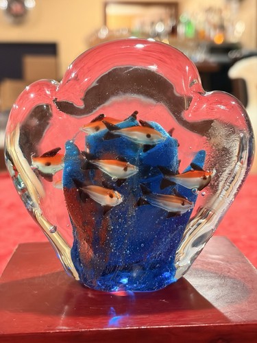 Vintage Murano Style Art Glass Aquarium Paperweight Clam Shell Fish Handblown
