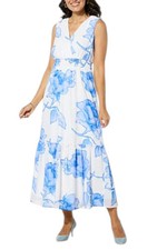 Nina Leonard Women's Printed Chiffon Smocked Waist Maxi Dress Blue Mul