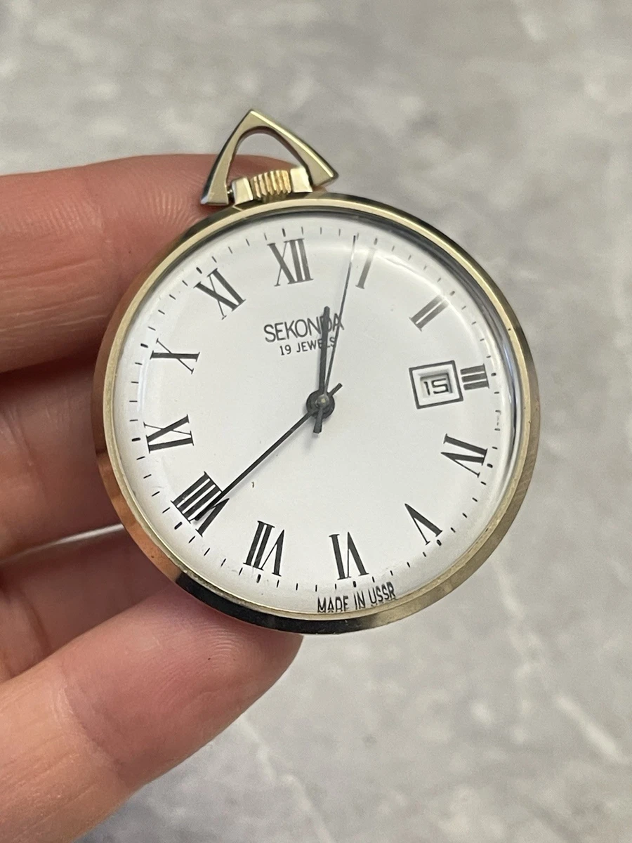 Reloj Bolsillo Mecánico Sekonda 19 Joyas Esfera Romana Blanca Fecha Colgante URSS 218