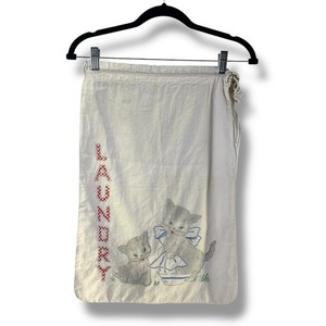 Homemade Laundry Bag Vintage Hand Embroidered Kittens Cat Kitsch Decor Farmhouse