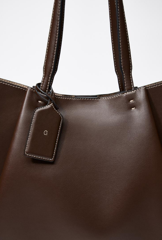 Zara 2025 Coated Large Tote Bag with Charm Tag Chocolate Brown