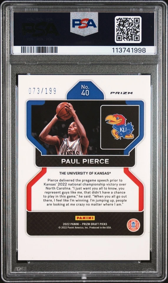 Tarjeta firmada Paul Pierce 2022 Panini Prizm azul #40 clasificación automática PSA 10 73/199 Foto 2 de 2