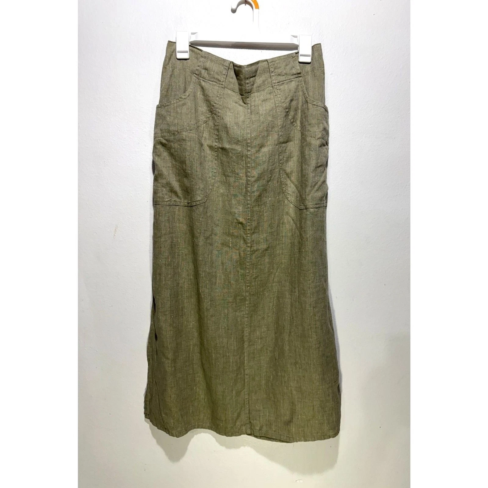Flax linen skirt beach vacation resort wear pockets split hem women S