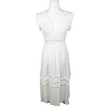 Zayla Dress Women Small White Ruffled Lace Fit Flare Maxi Flutter Sleeve Casual