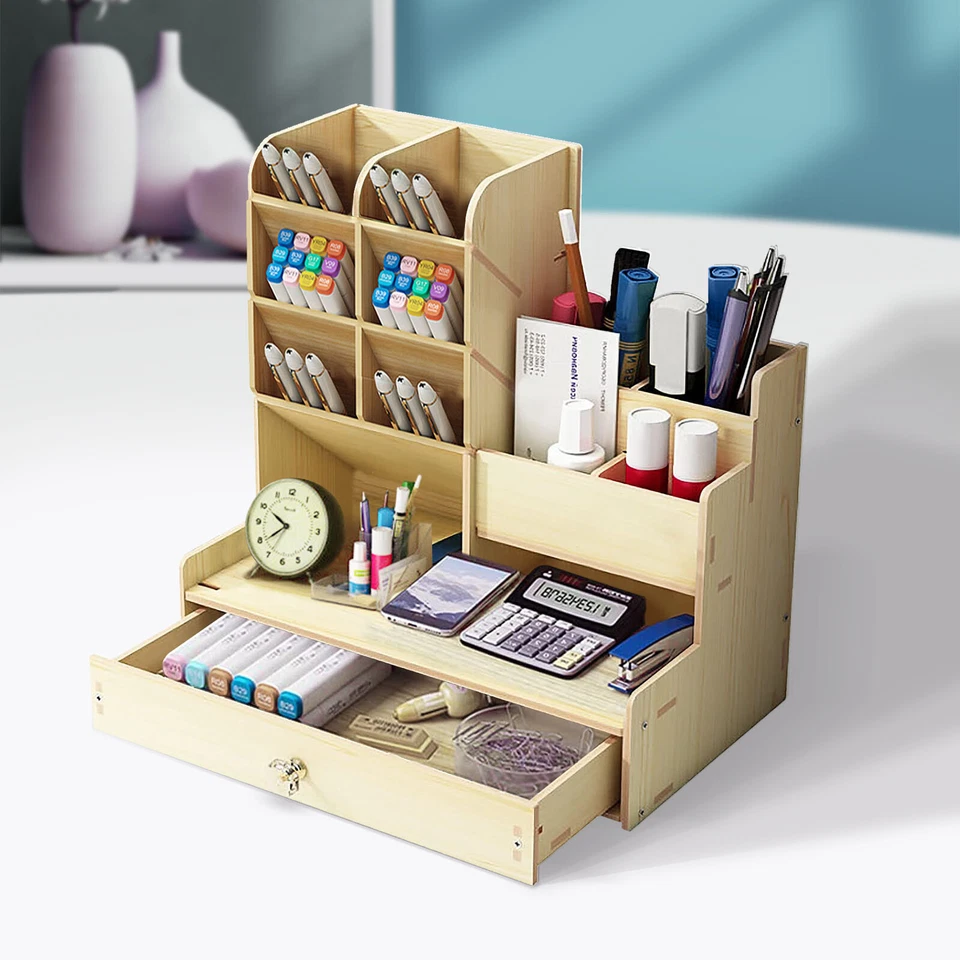 Office Study Desk Organizer Table Box Tidy Case Wooden Pen Pencil Storage Holder - Image 4 of 4