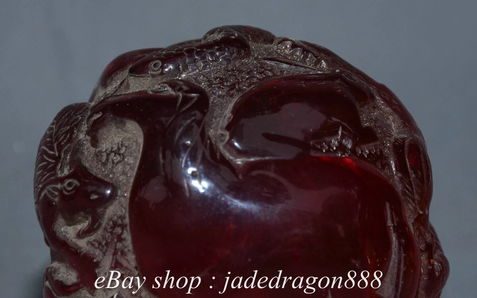 4" Old Chinese Marked Red Amber Carved 12 Zodiac Year Animal Pattern Round Ball - Image 2 of 4