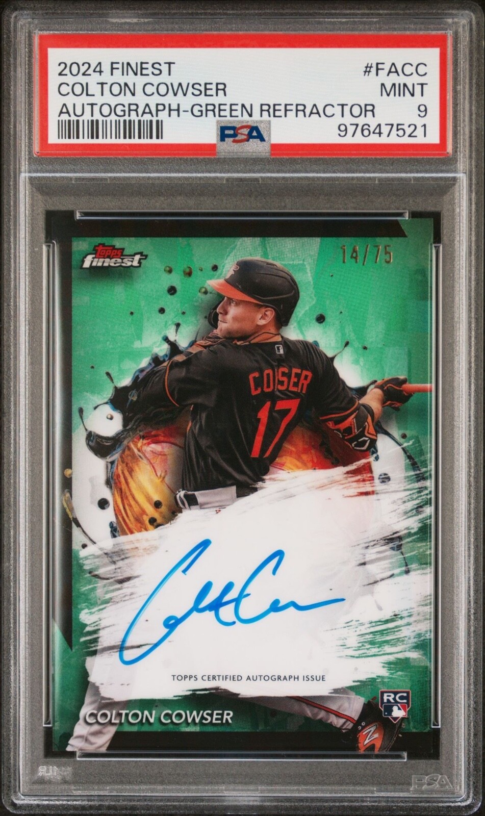 2024 Topps Finest Auto Green /75 #FA-CC Colton Cowser (AU, RC) PSA 9