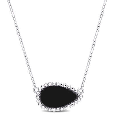 Amour Sterlingsilber 4 Karat TGW Birnenform schwarzer Achat Halskette mit Perlen Heiligenschein