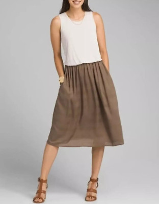 Prana Perry Pullover Midi Tank Dress SZ L Beige Brown Elastic Waist Pockets NWT