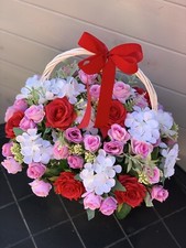 Mothers Day Gift Basket Arrangement Artificial Silk Flowers Bouquet Pink Roses