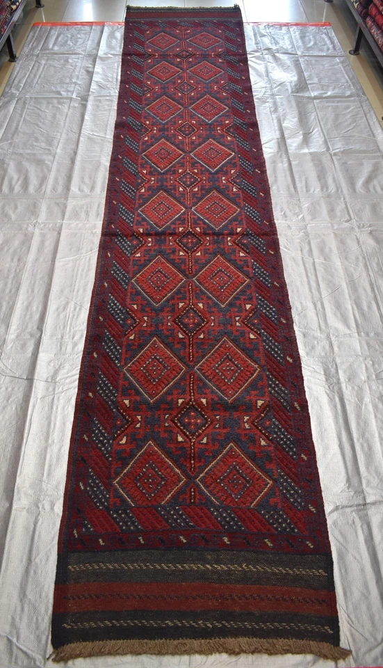 Vintage Afghan Persian Mushvani Runner Rug 3x12 ft Red Blue Oriental Wool Carpet - Image 3 of 4