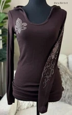 USA New VOCAL Womens PINK CRYSTAL BROWN FLEUR DE LIS HOODIE SHIRT S M L XL Y2K