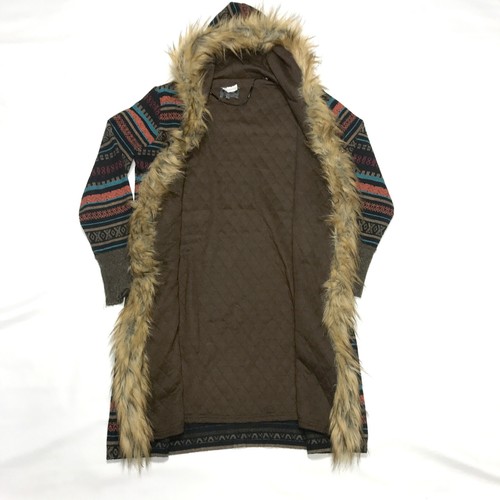 Miss Me Fur Trim Quilt Lined Wool Hooded Long Cardigan Trenchcoat Sweater Large - Picture 8 of 11