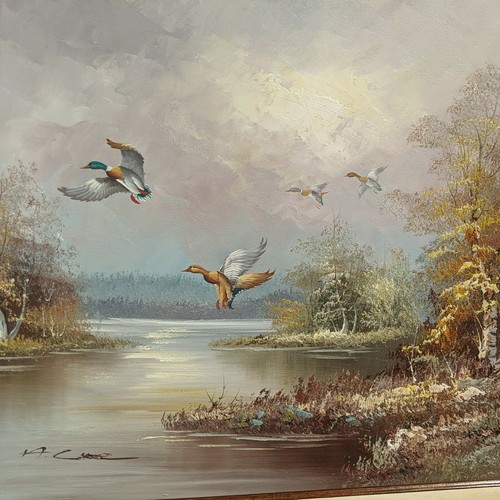 Oil on canvas signed H. Carrez of Drake Mallards in flight over lake 20" x 24" - Picture 3 of 6