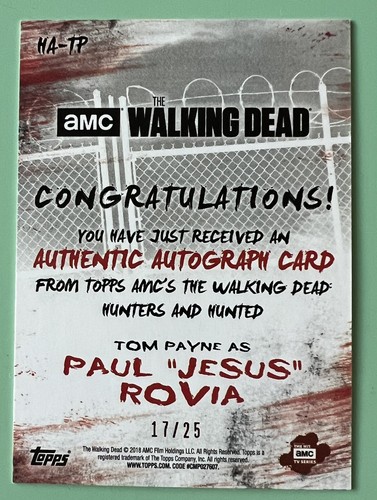 THE WALKING DEAD AUTOGRAMMKARTE TOM PAYNE ALS PAUL JESUS ROVIO 17/25 GRÜN SSP - Bild 2 von 2