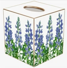 MARYE-KELLEY, 5" BLUE BONNETS FLORAL CUBED TISSUE BOX COVER, NEW