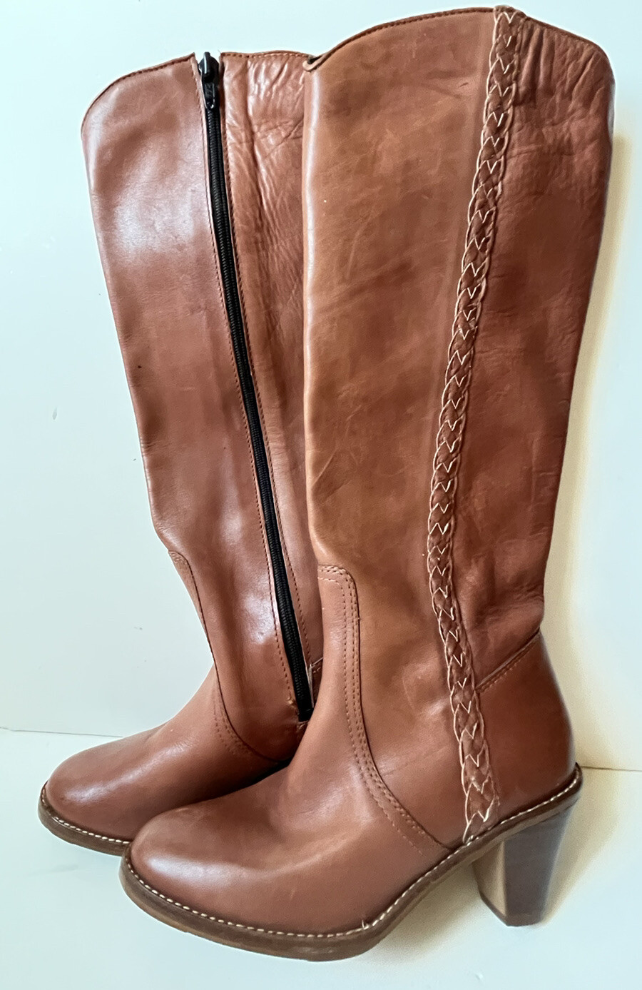 Vintage NOS Cobbies Elda Style Tall Heel Brown Leather Boots side Zip Size 5.5