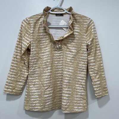 J Mclaughlin Womens Durham Top XS NWT $168 Beige Stripe Ruffle Collar Catalina