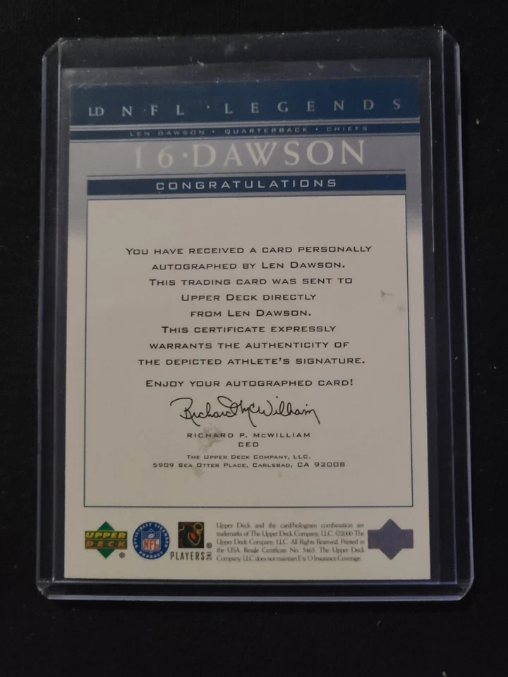 LEN DAWSON 2000 UPPER DECK NFL LEGENDS CERTIFIED "ON CARD AUTOGRAPH " HOF - Image 2 of 2