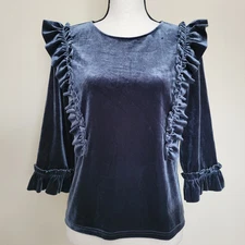 Molly Bracken Women's Size S Pullover Ruffled Blue Velvet Top 