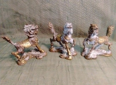 Vintage Brass Foo Dog Dragon Figures Set Of 3 Heavy Patina