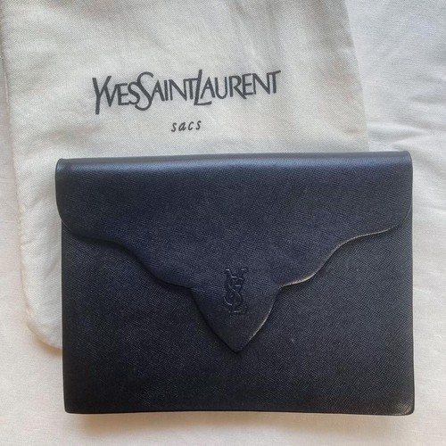 Yves Saint Laurent Black Leather Clutch Bag YSL Logo Envelope Style Good Used