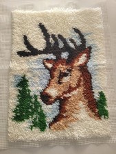 Vintage Buck Deer Head With Tree Background On White Latch Hook Rug Finished