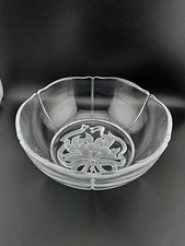 ​Tiffany & Co. Holiday Crystal Bowl 8" Vtg Etched Christmas Fruit Ribbon Serving