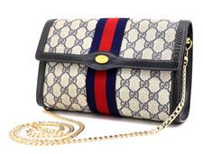 GUCCI VINTAGE Web Stripe Shoulder Bag Navy PVC Flap Classic Authentic