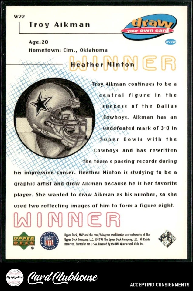 1999 Upper Deck MVP Draw Your Own Card #W22 Troy Aikman - Image 2 of 2