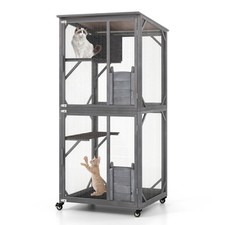Wooden Cat House 72" Indoor Outdoor Kitten Enclosure Kennel Condo on Wheels Grey