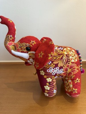 Elephant Red Gold Stuffed Cotton Fabric Flower Printed Thai Made 10''  Ñ15