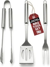 BBQ Tool Set of 3 Utensil Camping Outdoor Stainless Steel Barbecue Grill Tongs
