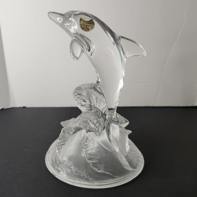 Cristal d'Arques Lead Crystal Dolphin in Waves Clear Glass Figurine France 6.5in