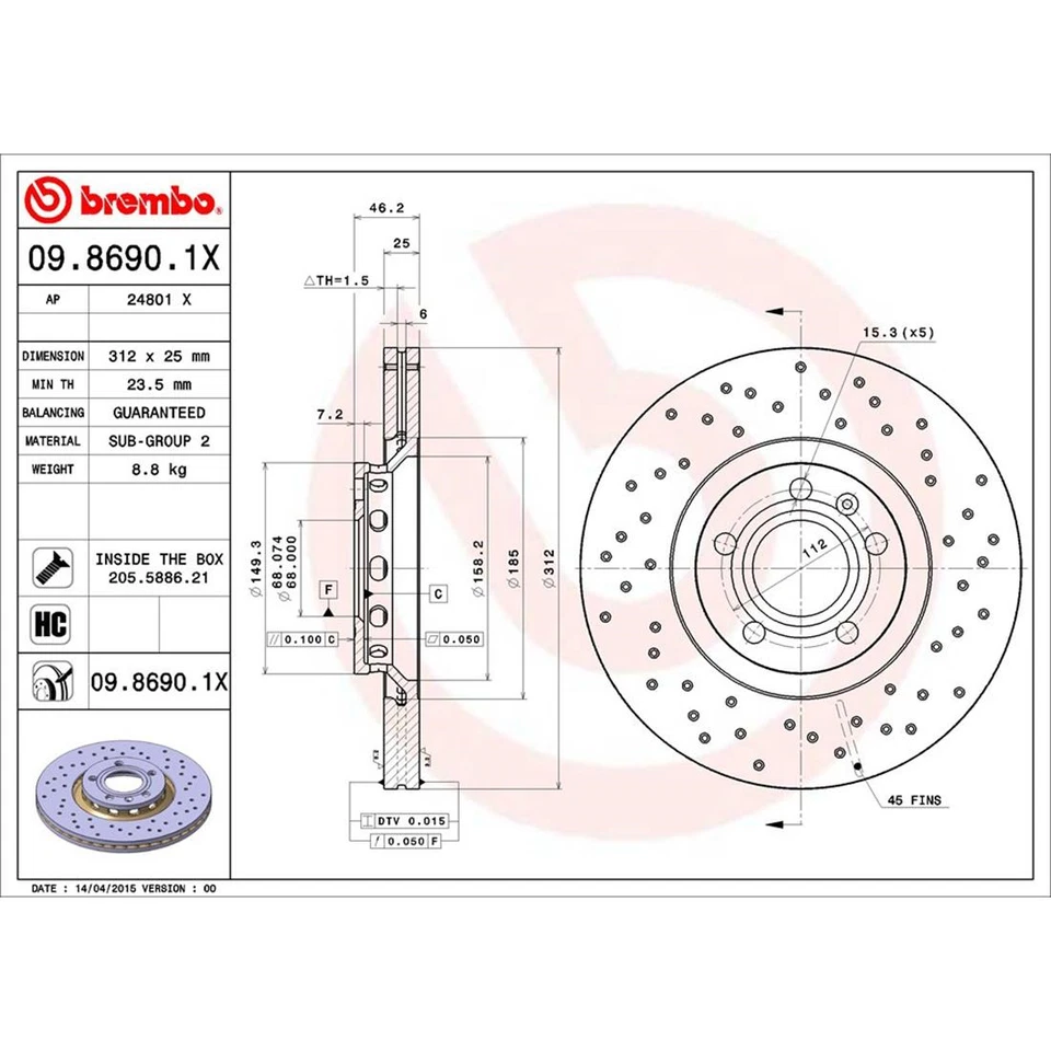 Kit de frenos delanteros Brembo rotores de disco perforados y pastillas de cerámica para Audi A4 A6 Quattro Foto 3 de 4