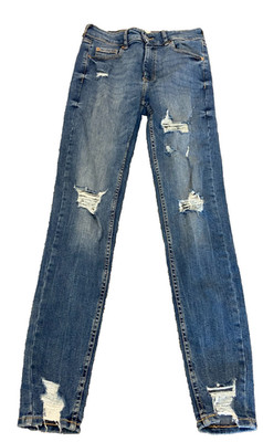 Primark Damen blau Mid Rise zerrissen Reißverschluss Jeans Größe UK 10