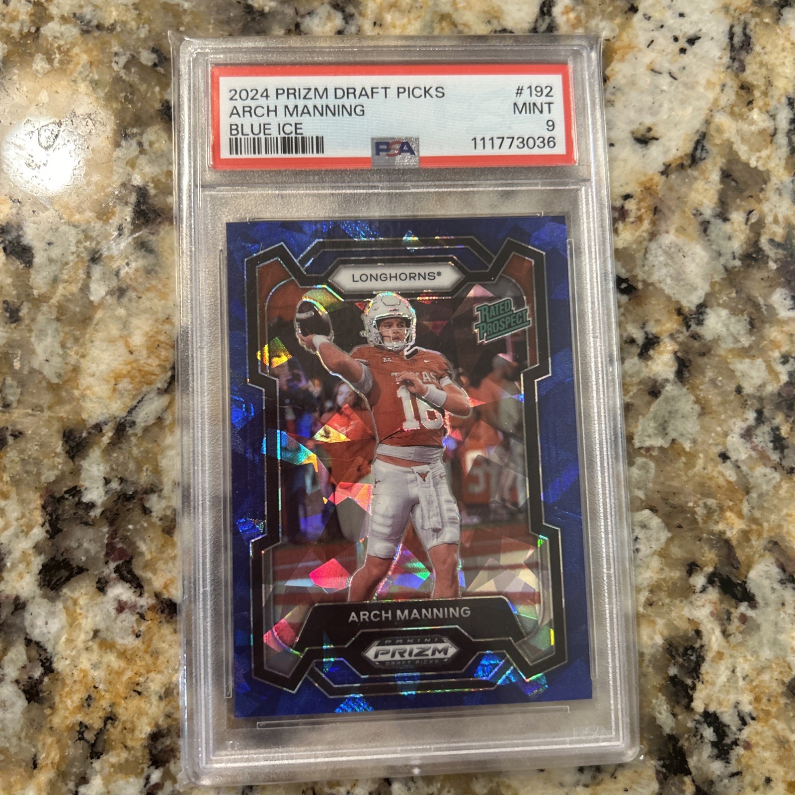 Arch Manning 2024 Panini Prizm Draft Picks Blue Cracked Ice /99 Rates Rookie