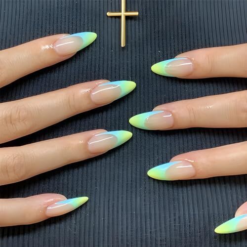 Almond French Tip Press on Nails Neon Medium Length Fake Nails